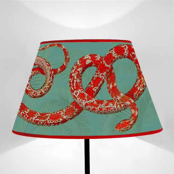 Paralume tronco di cono stampato su tela disegno Fauna Serpenti Rossi fondo Verde