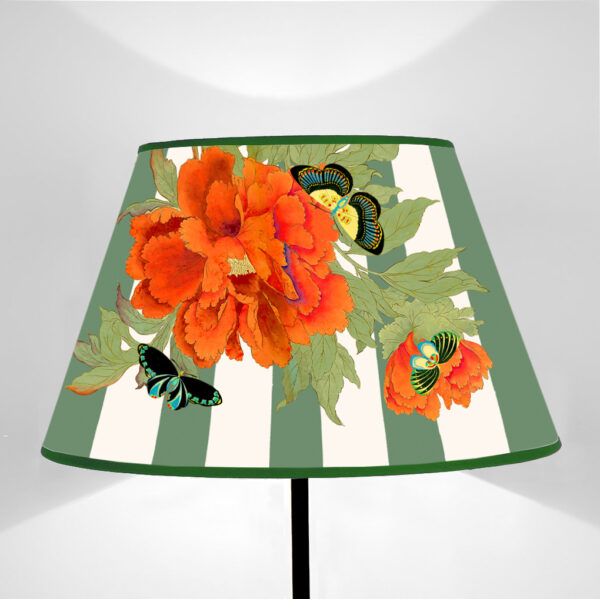Lampshade Truncated cone Orange peonies on sage green and cream stripes with butterflies